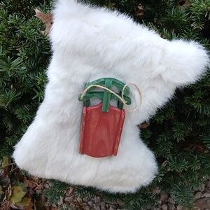 Christmas Stocking White Rabit Fur with Red and Green Sled Attached Hand Made